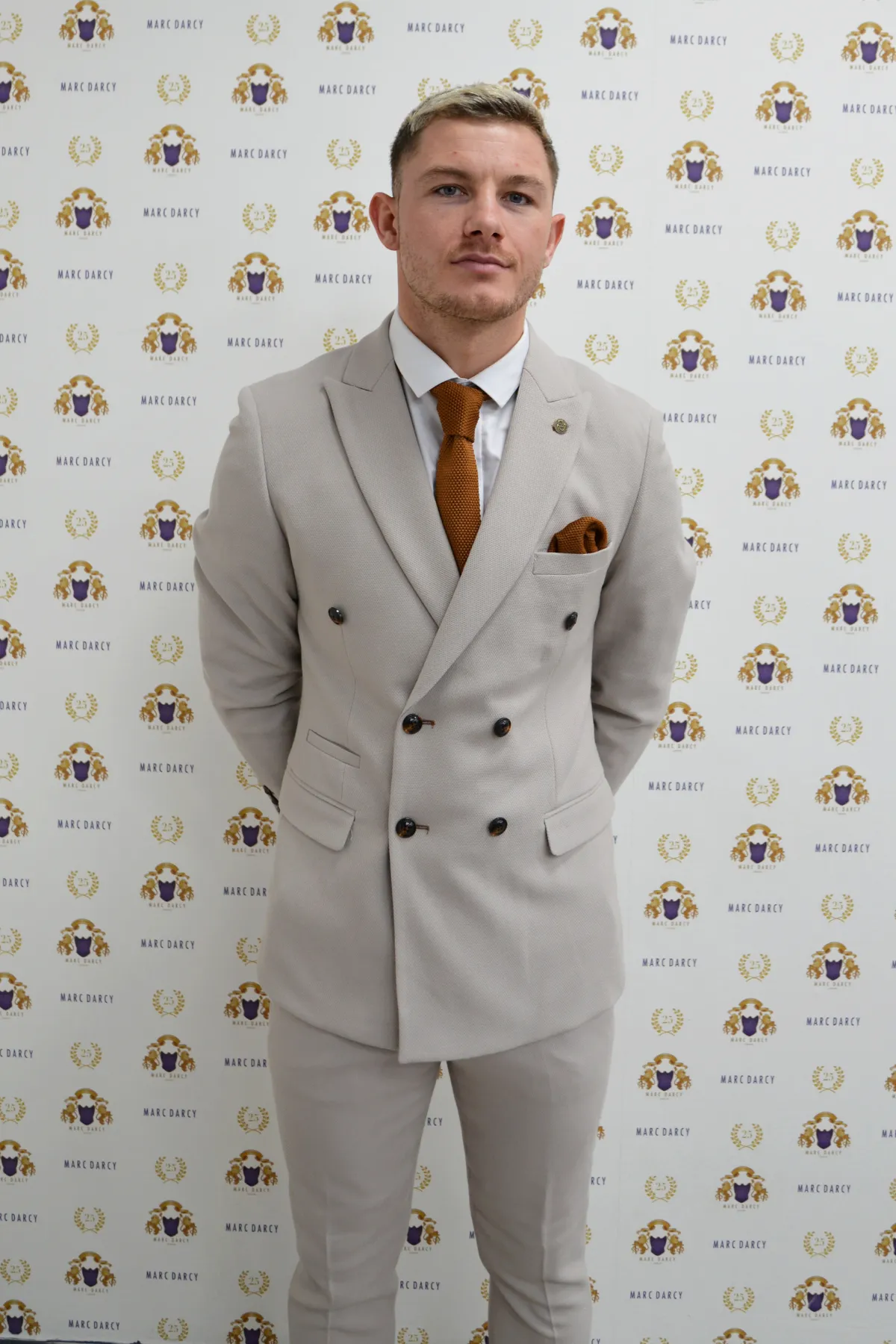 MK Dons Footballer Callum Hendry in HM5 Stone Double-Breasted Suit