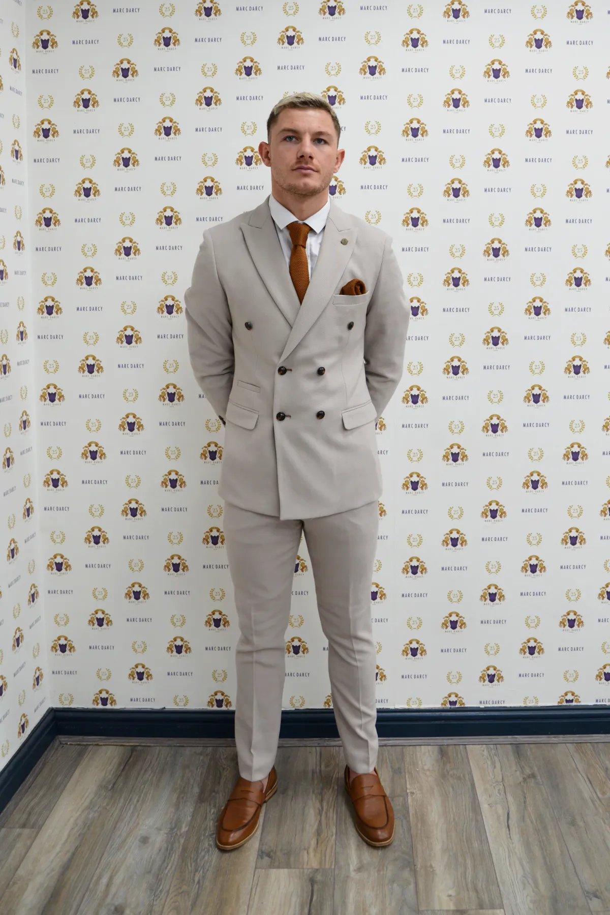 MK Dons Footballer Callum Hendry in HM5 Stone Double-Breasted Suit