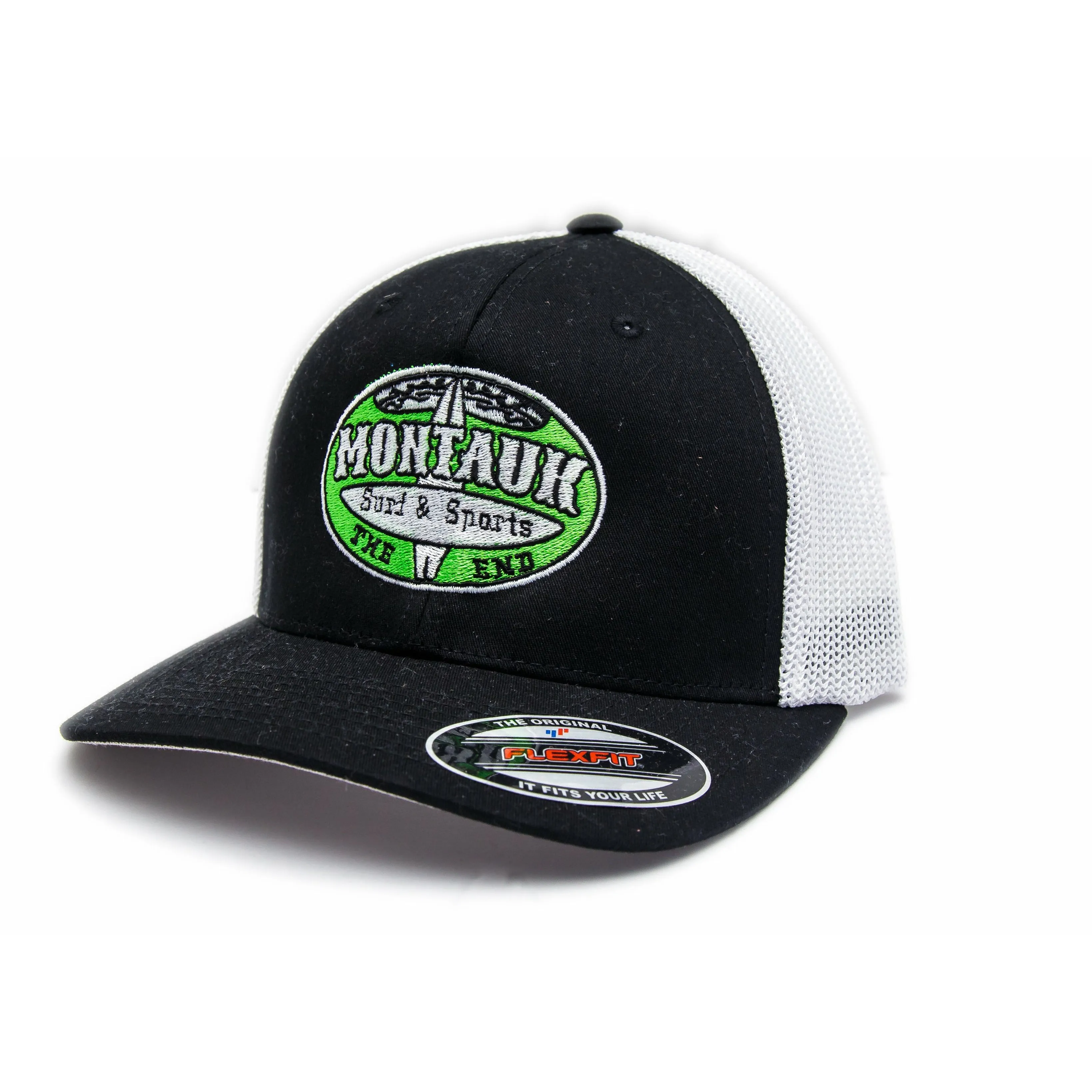 Montauk Surf and Sports Branded Trucker Hat in Lime Green, Black and White