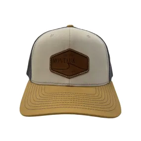 Montauk Surf and Sports The End Wave Patch Logo Leather Ostrich Style Hat in Khaki and Tan