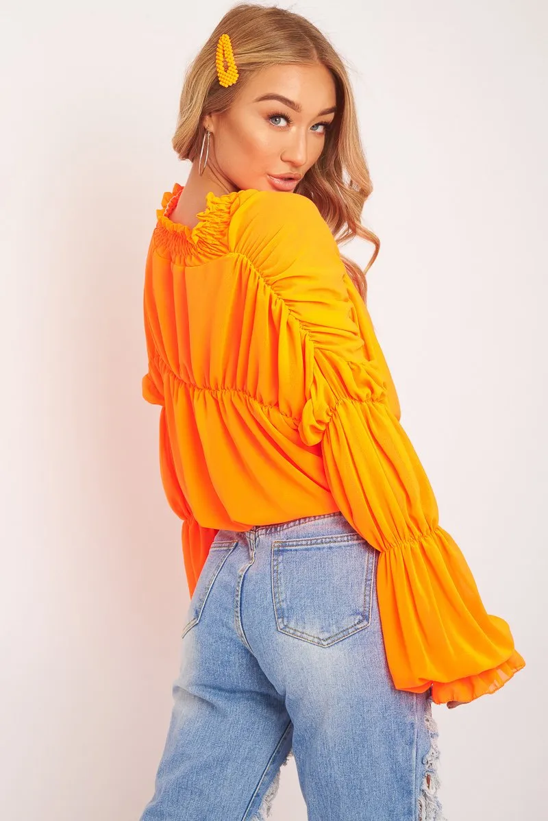 Neon Orange Chiffon Balloon Sleeve Crop Tie Front Blouse - Amelia