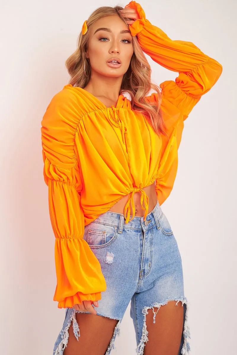 Neon Orange Chiffon Balloon Sleeve Crop Tie Front Blouse - Amelia