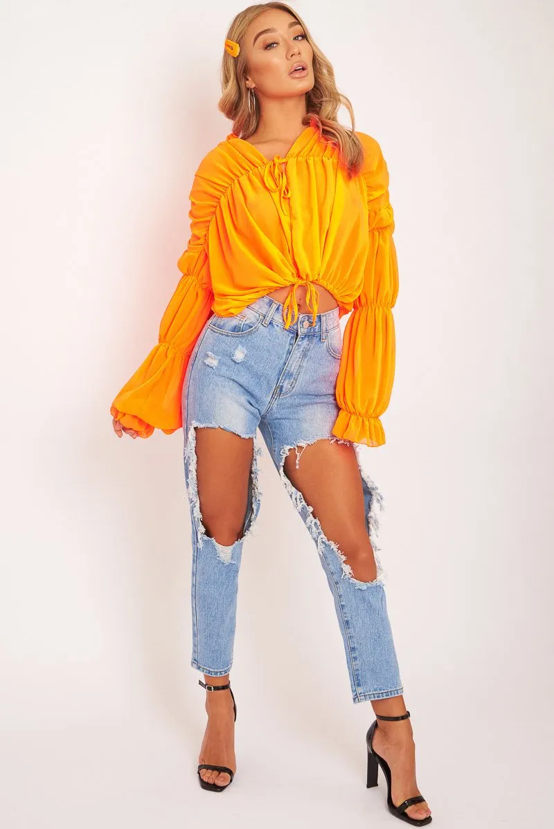 Neon Orange Chiffon Balloon Sleeve Crop Tie Front Blouse - Amelia