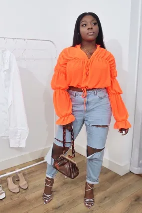 Neon Orange Chiffon Balloon Sleeve Crop Tie Front Blouse - Amelia