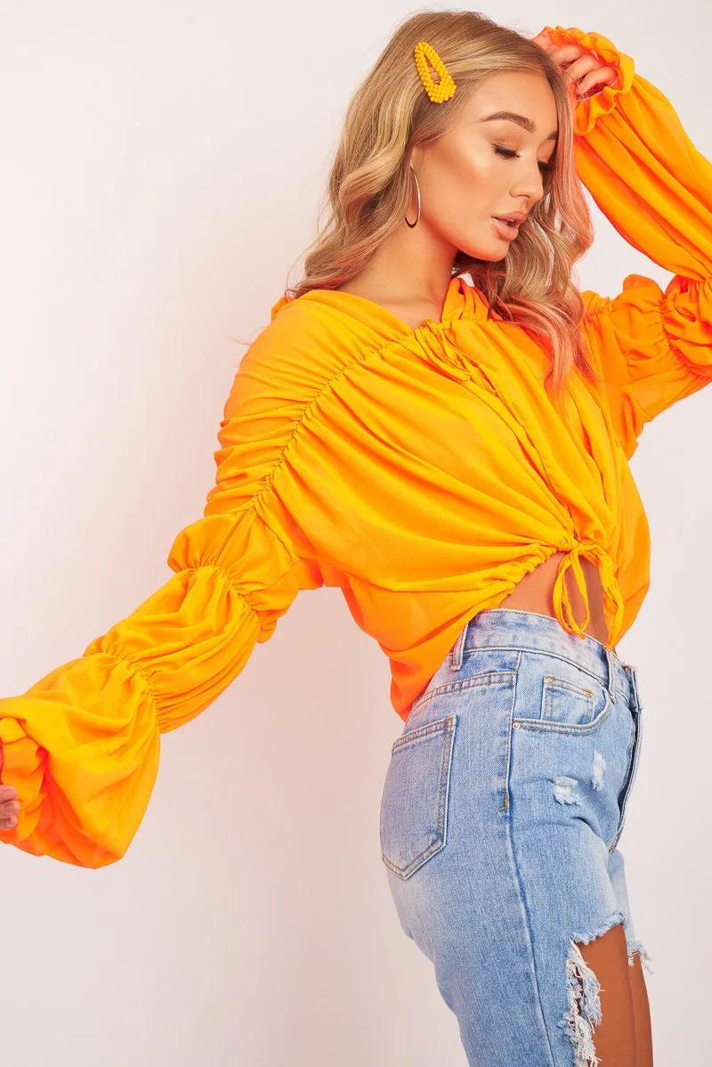 Neon Orange Chiffon Balloon Sleeve Crop Tie Front Blouse - Amelia