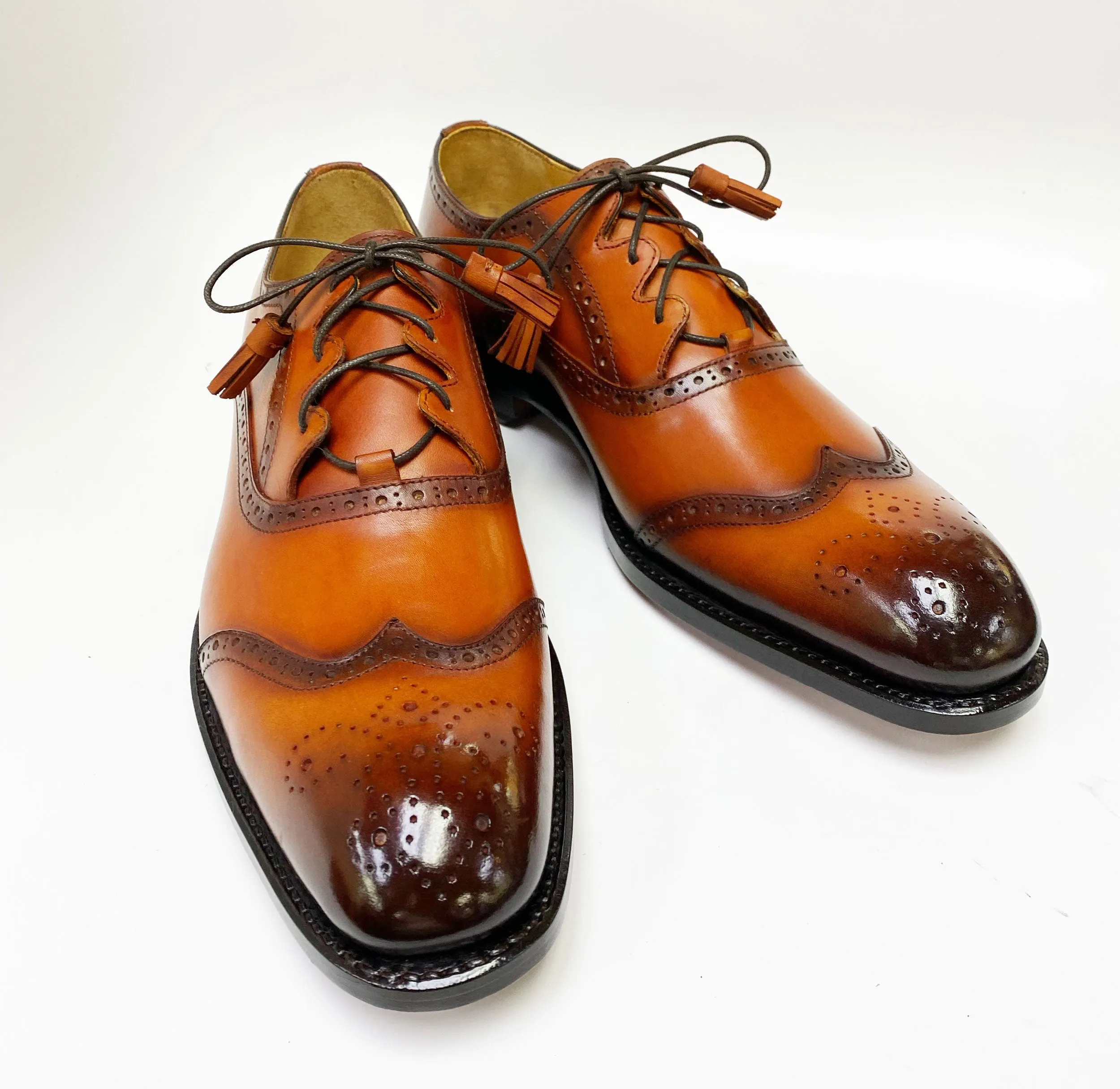 "Stephen" Burnished Calfskin Lace-Up Spectator Oxford Caramel