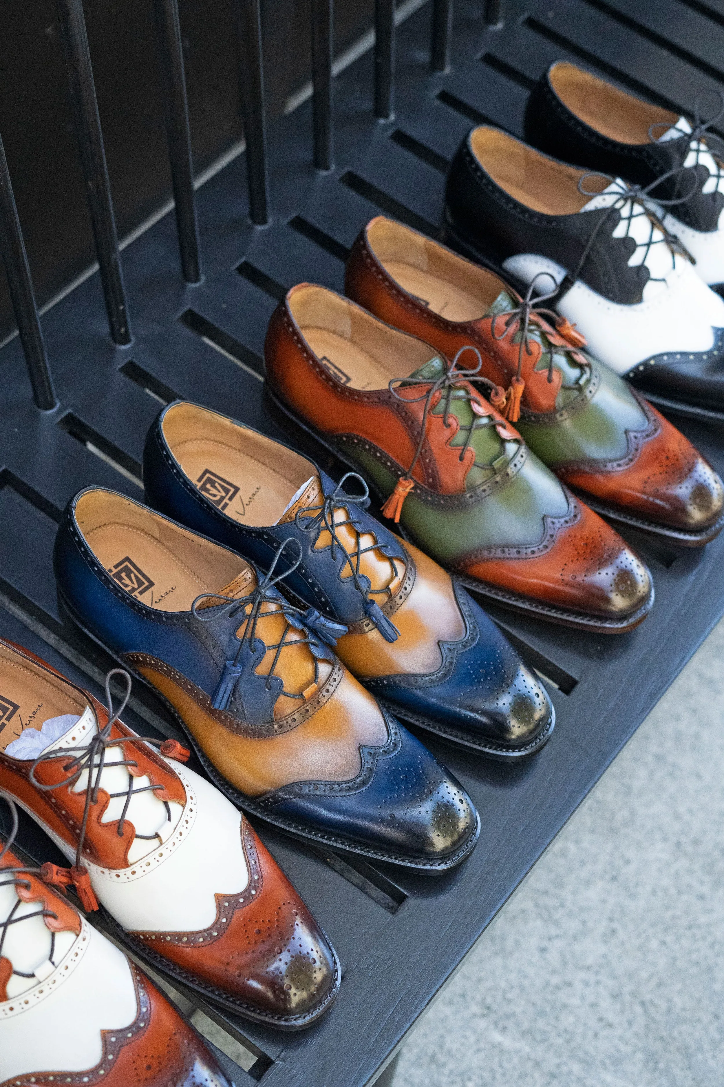 "Stephen" Burnished Calfskin Lace-Up Spectator Oxford Caramel