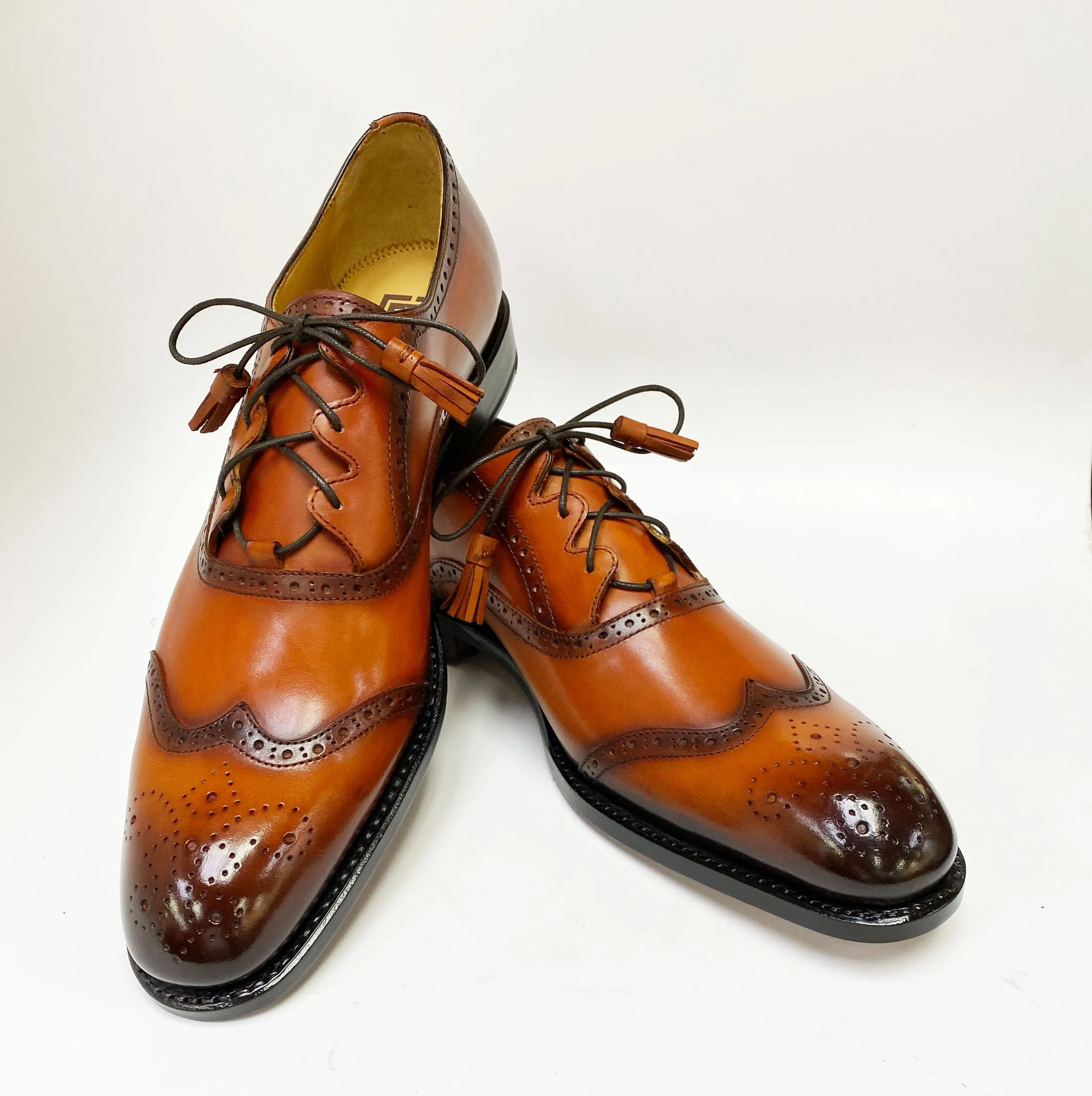 "Stephen" Burnished Calfskin Lace-Up Spectator Oxford Caramel