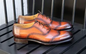 "Stephen" Burnished Calfskin Lace-Up Spectator Oxford Caramel