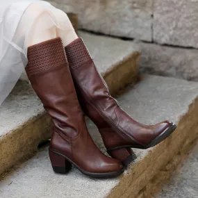 Retro Leather Women's Knee High Boots 65mm Block Heel in Brown/Black